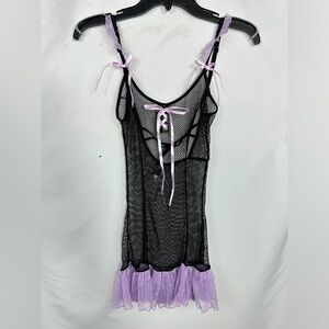 O Sexy black fishnet chemise with lavender trim size S
